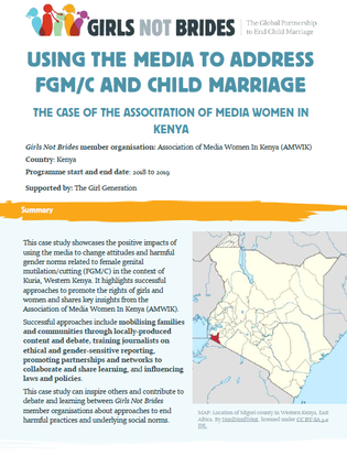 Cover image for the case study entitled "Using the media to address FGM/C and child marriage: The case of the Association of Media Women in Kenya"